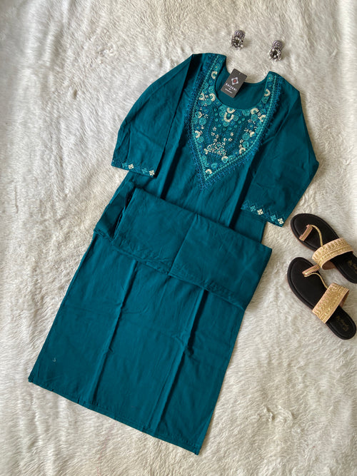 Handwork in Neck Cotton Straight Kurti With Palazzo. Cotton Straight Kurti Sets For Women Online India. Shop the Latest Festive Summer Collection at Shivani Designer Kurti.