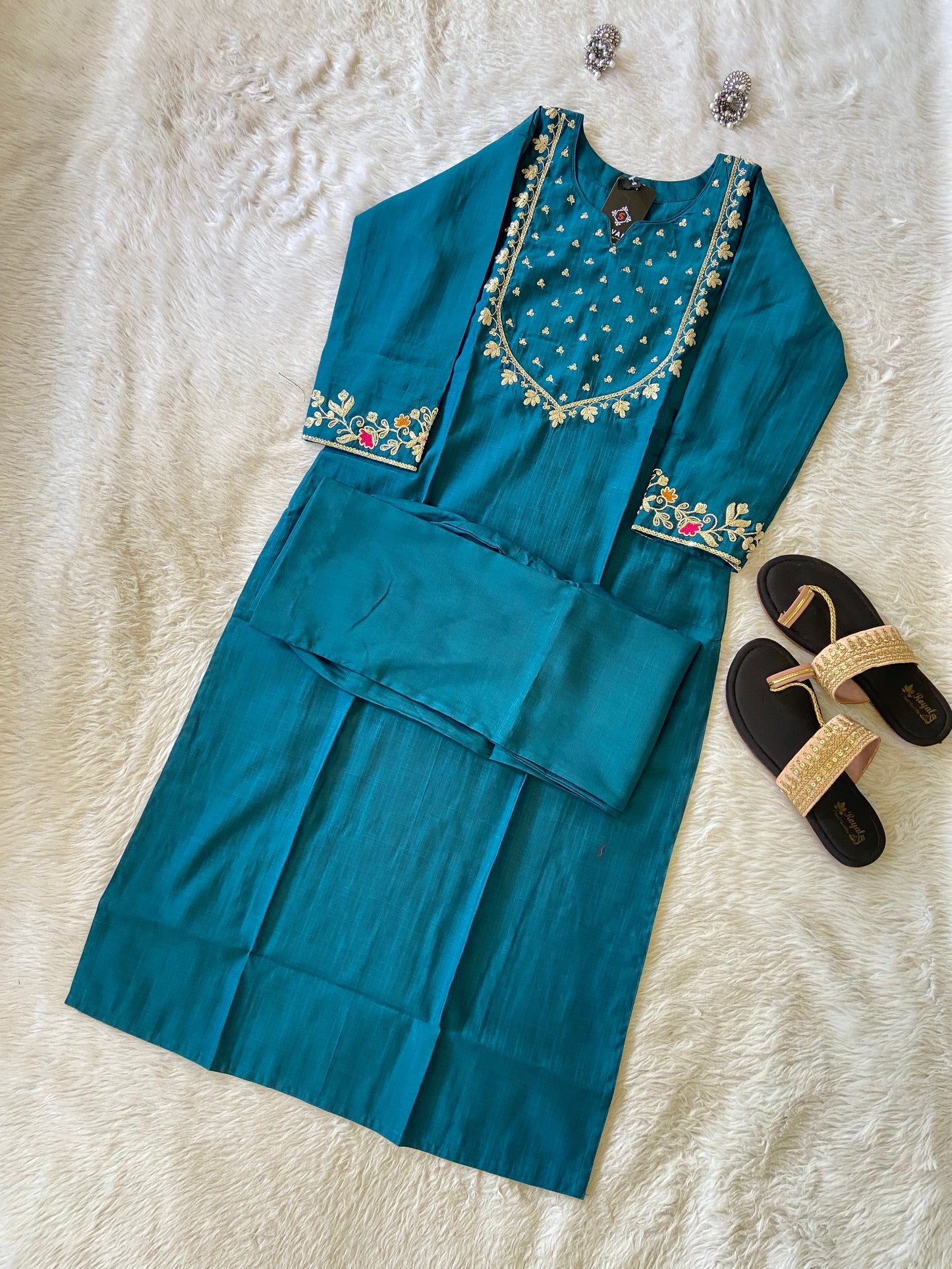 Sleeve Work And Neck Work Kurti With Matching Palazzo, Silk StraightCut Kurti Sets For Women