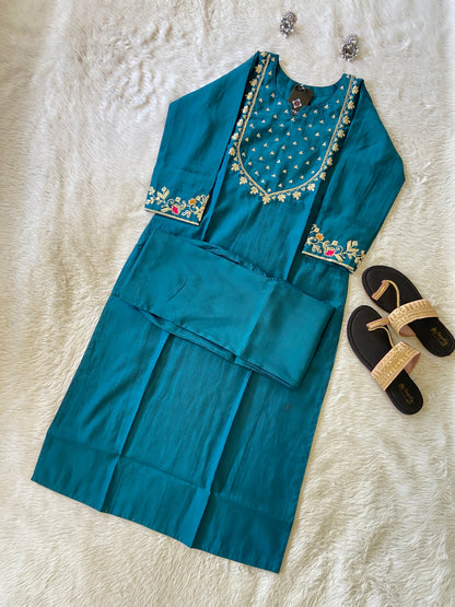 Sleeve Work And Neck Work Kurti With Matching Palazzo, Silk StraightCut Kurti Sets For Women