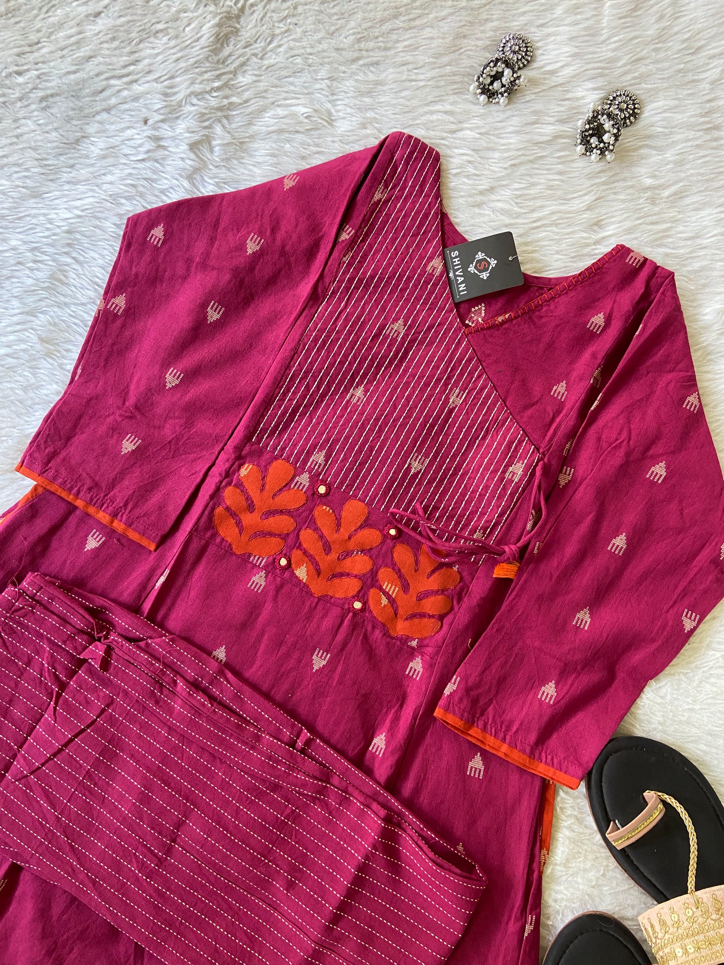Angarakha Style With Aplic Work Aline Kurti And Palazzo (Gamthi Pair). Cotton Aline Kurti Sets For Women.
