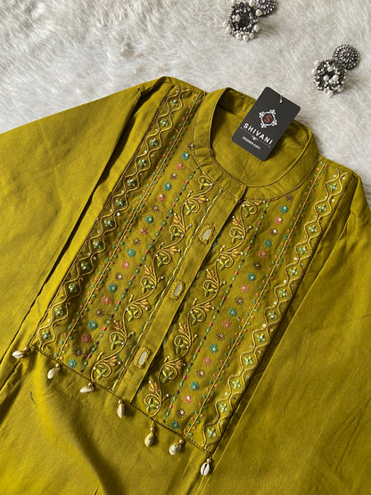 EmbroideryWork In Neck, Cotton Aline Kurti With Palazzo. Cotton Aline Kurti Sets For Women Online India. Shop the Latest Festive Summer Collection at Shivani Designer Kurti.