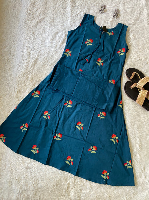 Sleeveless Cotton Aline Kurti With Flower Embroidery Work With Plain Full Flair Palazzo . Cotton Aline Kurti Sets For Women