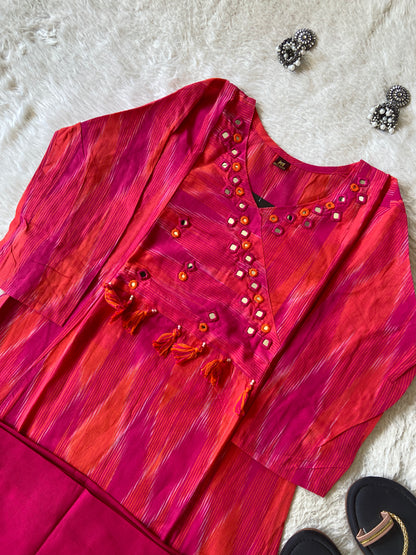 Ikkat Print Cotton Aline Kurti With Palazzo. Cotton Kurti Sets For Women Online India. Shop the Latest Festive Summer Collection at Shivani Designer Kurti.