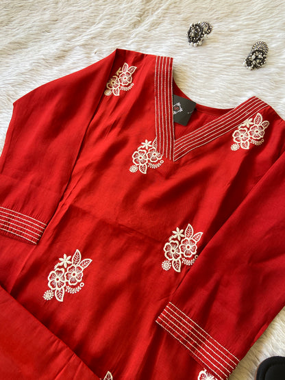 Embroidery Work In Aline Kurti With Matching Palazzo, Silk Aline Kurti Sets For Women