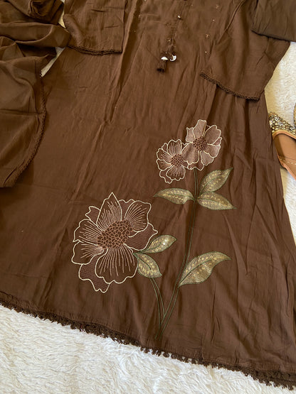 Flower Embroidery Work Cotton Aline Kurti, Pant And Dupatta. Cotton Suit Sets For Women Online India. Shop the Latest Festive Summer Collection at Shivani Designer Kurti.