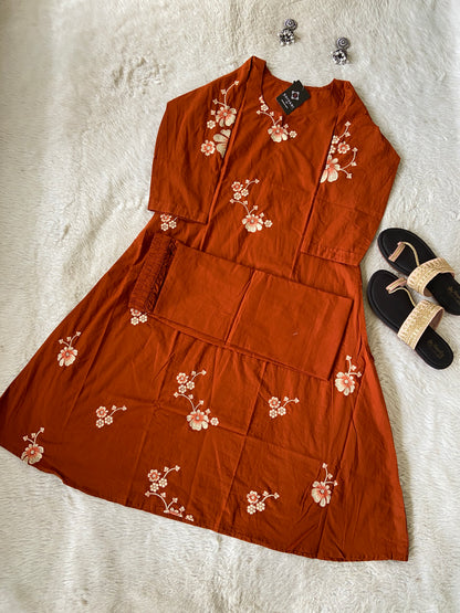 Embroidery Work Cotton Aline Kurti And Palazzo. Cotton Aline Kurti Sets For Women Online India. Shop the Latest Festive Summer Collection at Shivani Designer Kurti.