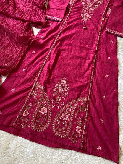 Embroidery Work Cotton Aline Kurti, Pant And Dupatta. Cotton Suit Sets For Women Online India. Shop the Latest Festive Summer Collection at Shivani Designer Kurti.
