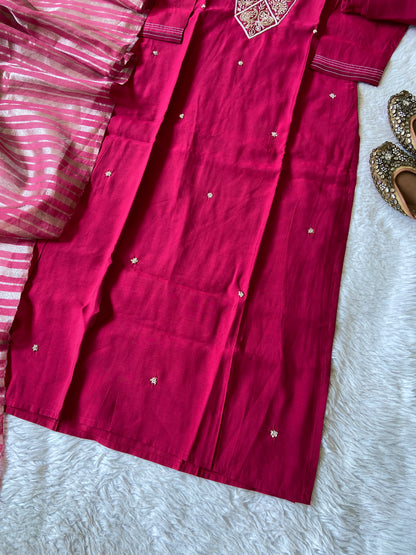 Handwork Straight Silk Kurti With Pant And Dupatta. Silk Suit Sets For Women Online India. Shop the Latest Festive Summer Collection at Shivani Designer Kurti.