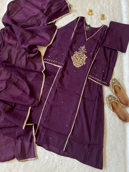 Mirror Work In Sleeve Mul Chanderi ALine Kurti With Semi Palazzo And Dupatta. Silk Suit Sets For Women Online India. Shop the Latest Festive Summer Collection at Shivani Designer Kurti.