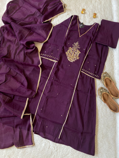 Mirror Work In Sleeve Mul Chanderi ALine Kurti With Semi Palazzo And Dupatta. Silk Suit Sets For Women Online India. Shop the Latest Festive Summer Collection at Shivani Designer Kurti.