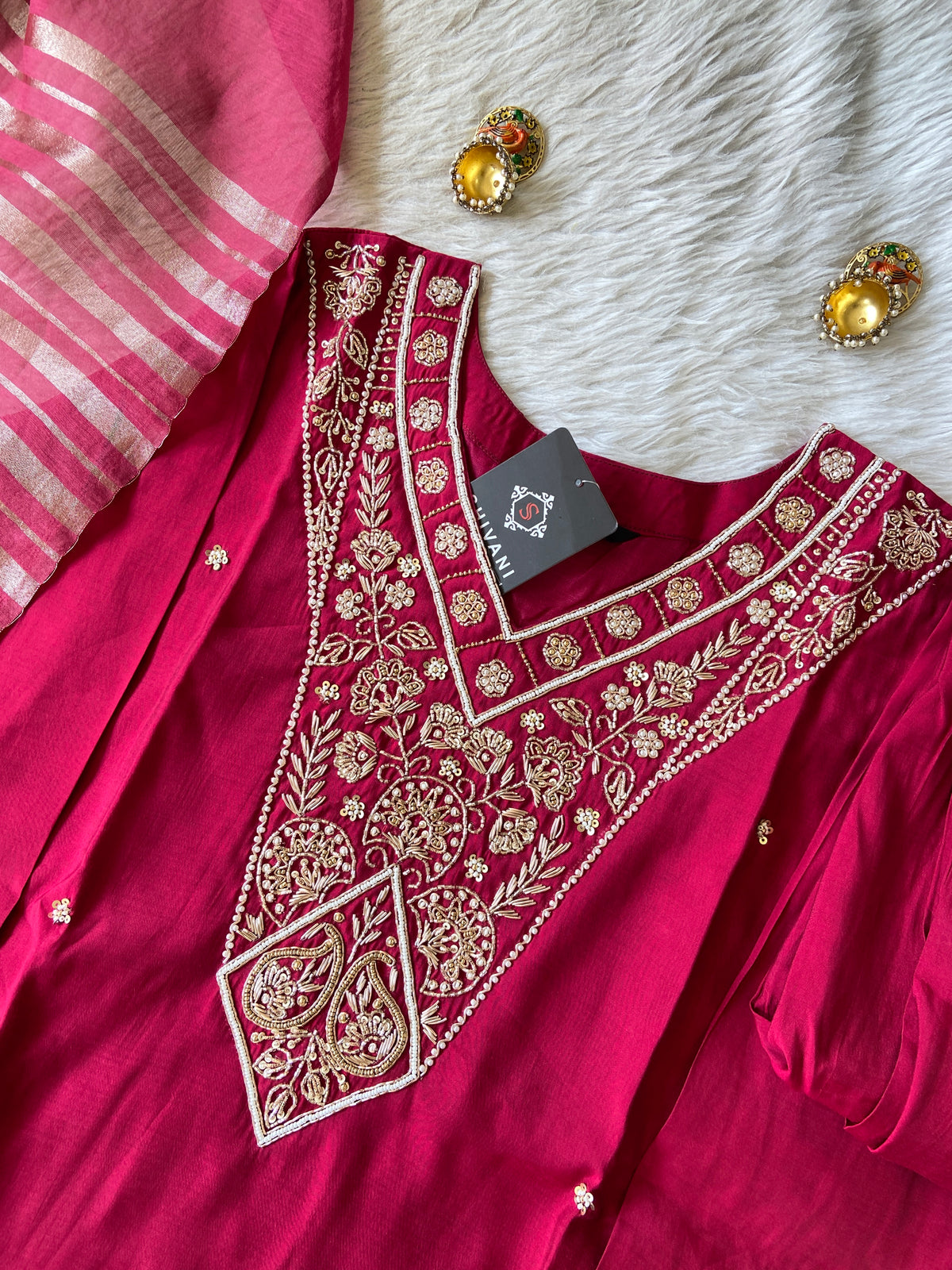 Handwork Straight Silk Kurti With Pant And Dupatta. Silk Suit Sets For Women Online India. Shop the Latest Festive Summer Collection at Shivani Designer Kurti.