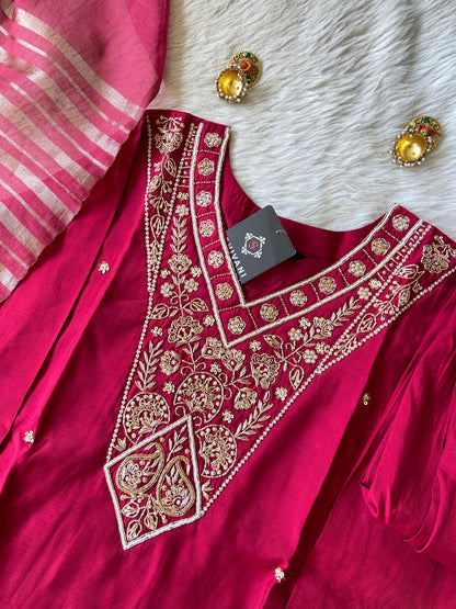 Handwork Straight Silk Kurti With Pant And Dupatta. Silk Suit Sets For Women Online India. Shop the Latest Festive Summer Collection at Shivani Designer Kurti.