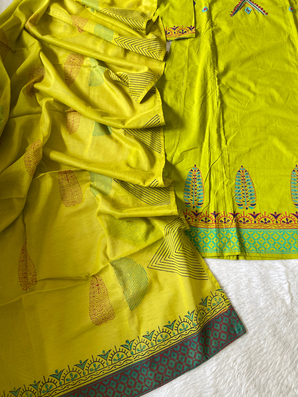 Cotton Hand Work Aline Kurti With Plain Palazzo And Block Printed Dupatta (Gamthi Pair). Cotton Suit Sets For Women Online India. Shop the Latest Festive Summer Collection at Shivani Designer Kurti.
