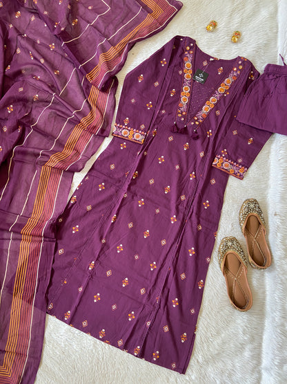 V-Neck Style, Embroidery Work Cotton Straight Cut Kurti With Pant And Dupatta. Cotton Suit Sets For Women Online India. Shop the Latest Festive Summer Collection at Shivani Designer Kurti.