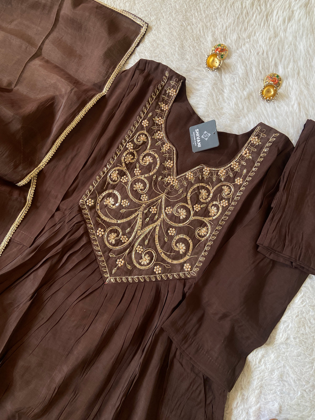 Embroidery Work Mul Chanderi ALine Kurti With Semi Palazzo And Dupatta. Silk Suit Sets For Women Online India. Shop the Latest Festive Summer Collection at Shivani Designer Kurti.
