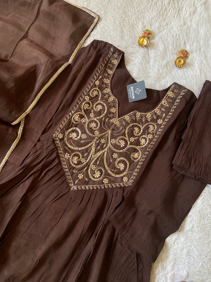 Embroidery Work Mul Chanderi ALine Kurti With Semi Palazzo And Dupatta. Silk Suit Sets For Women Online India. Shop the Latest Festive Summer Collection at Shivani Designer Kurti.