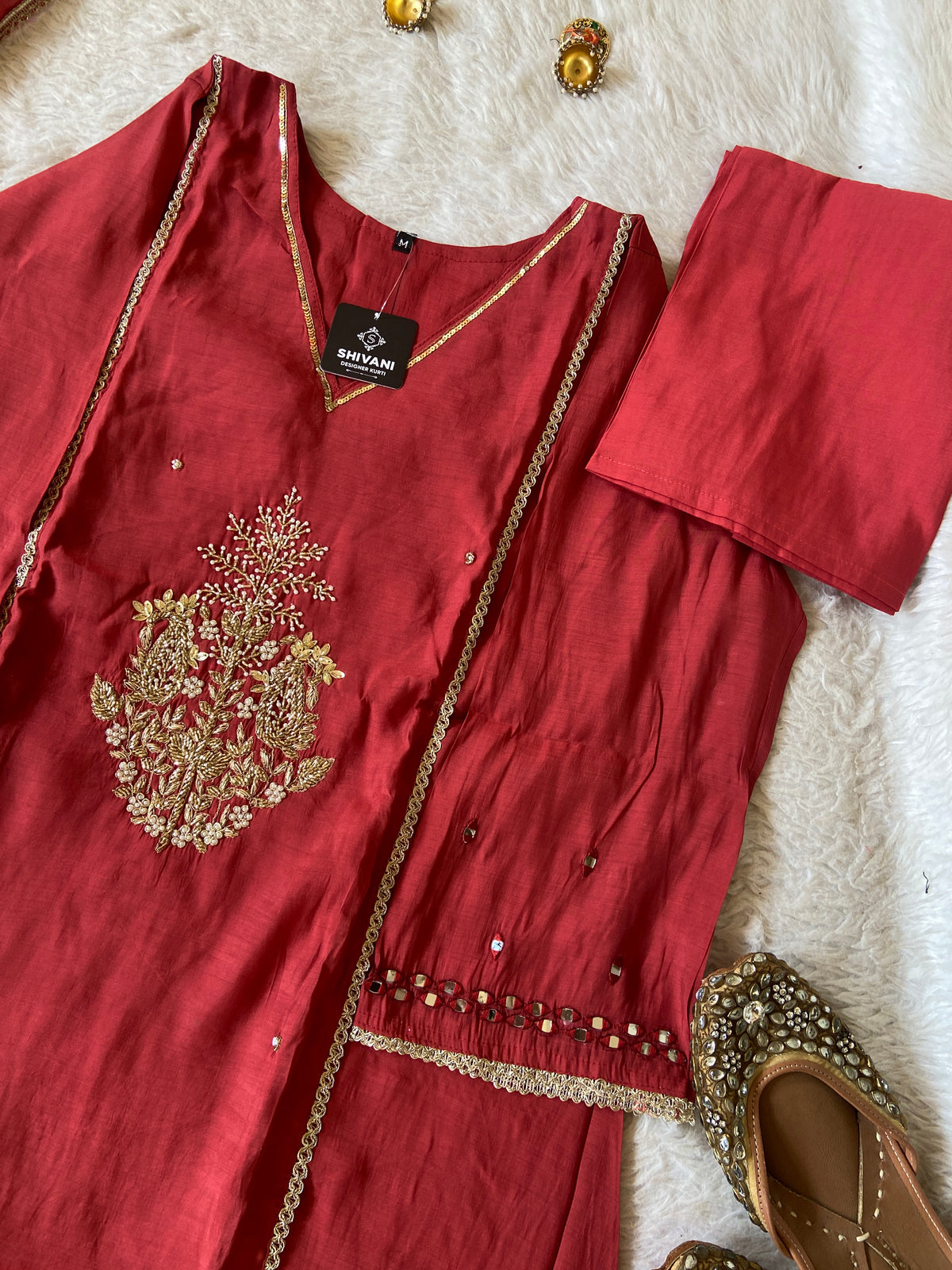 Mirror Work In Sleeve Mul Chanderi ALine Kurti With Semi Palazzo And Dupatta. Silk Suit Sets For Women Online India. Shop the Latest Festive Summer Collection at Shivani Designer Kurti.