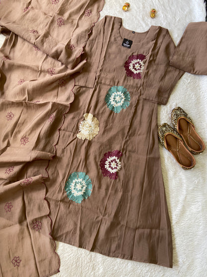Beautiful Flower Embroidery Work In Aline Kurti With Semi Palazzo And Dupatta. Silk Suit Sets For Women Online India. Shop the Latest Festive Summer Collection at Shivani Designer Kurti.