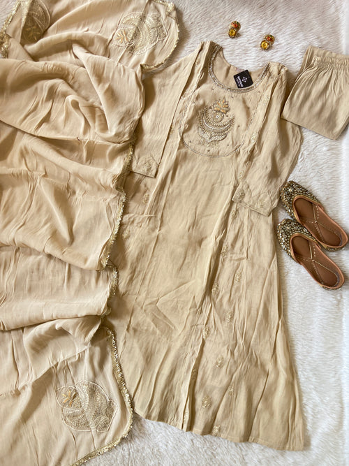 Embroidery Work Mul Chanderi ALine Kurti With Semi Palazzo And Dupatta. Silk Suit Sets For Women Online India. Shop the Latest Festive Summer Collection at Shivani Designer Kurti.