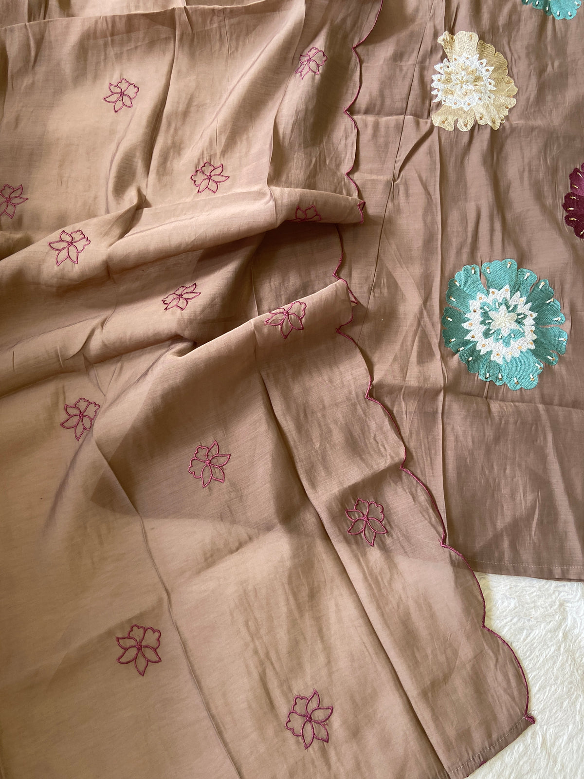 Beautiful Flower Embroidery Work In Aline Kurti With Semi Palazzo And Dupatta. Silk Suit Sets For Women Online India. Shop the Latest Festive Summer Collection at Shivani Designer Kurti.