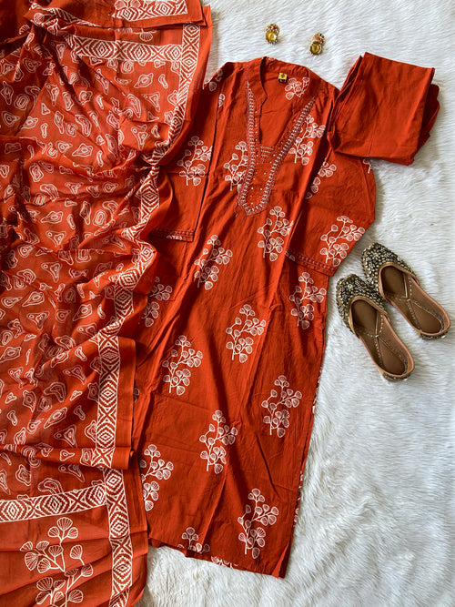 Cotton Printed kurti With Matching Pant And Dupatta, Cotton Straightcut Suit Set For Women