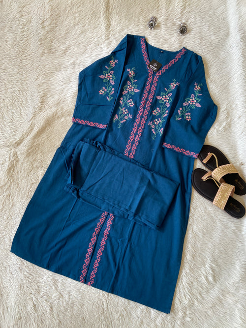 Cross Stitch Embroidery Work Cotton Straight Kurti With Palazzo. Cotton Kurti Sets For Women Online India. Shop the Latest Festive Summer Collection at Shivani Designer Kurti.