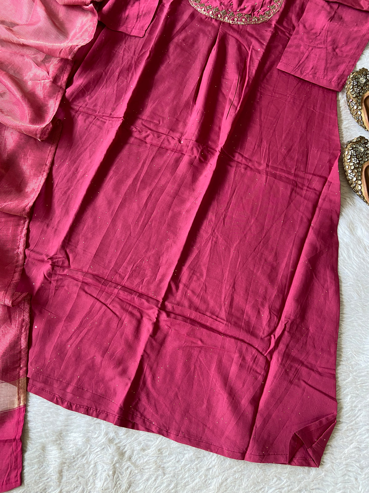 Hand Work Neck, Jamdani Silk Aline Kurti With Palazzo And Dupatta. Silk Suit Sets For Women Online India. Shop the Latest Festive Summer Collection at Shivani Designer Kurti.