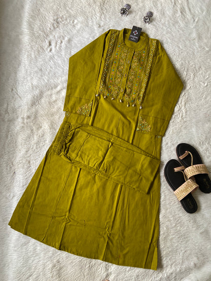 EmbroideryWork In Neck, Cotton Aline Kurti With Palazzo. Cotton Aline Kurti Sets For Women Online India. Shop the Latest Festive Summer Collection at Shivani Designer Kurti.