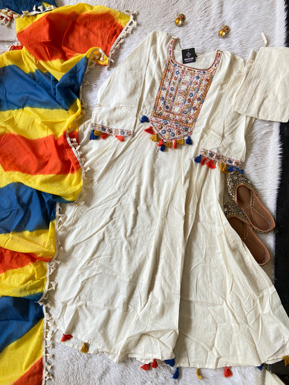 Navaratri Special Cotton Anarkali Kurti With Pant And Dupatta. Cotton Suit Sets For Women Online India. Shop the Latest Festive Summer Collection at Shivani Designer Kurti.