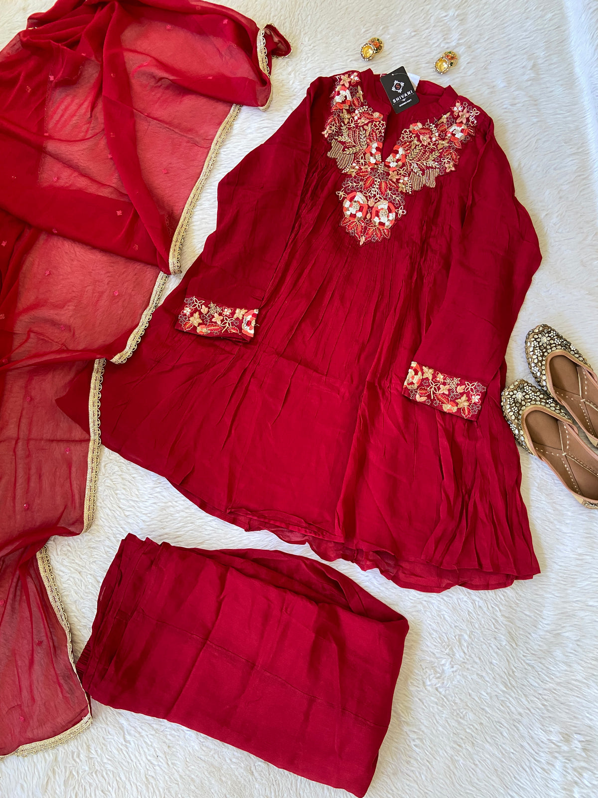 Premium Short Kurti Suit. Full Sleeve Chinnon Short Kurti With Full Flair Palazzo And Dupatta. Silk Suit Sets For Women Online India. Shop the Latest Festive Summer Collection at Shivani Designer Kurti.