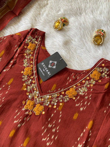 Ikkat Print With VNeck Handwork With Pant And Dupatta. Cotton StraightCut Suit Sets For Women