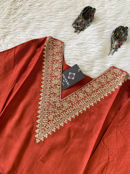 Golden Embroidery Work In VNeck, Silk StraightCut Kurti For Women