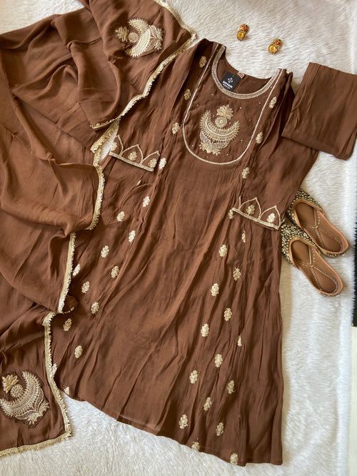 Embroidery Work Mul Chanderi ALine Kurti With Semi Palazzo And Dupatta. Silk Suit Sets For Women Online India. Shop the Latest Festive Summer Collection at Shivani Designer Kurti.