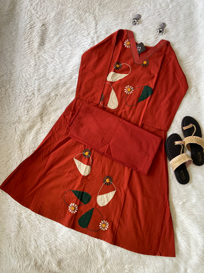 Cotton Aline Kurti With Aplic Work And Embroidery Work With Palazzo (Gamthi Pair). Cotton Aline Kurti Sets For Women Online India. Shop the Latest Festive Summer Collection at Shivani Designer Kurti.