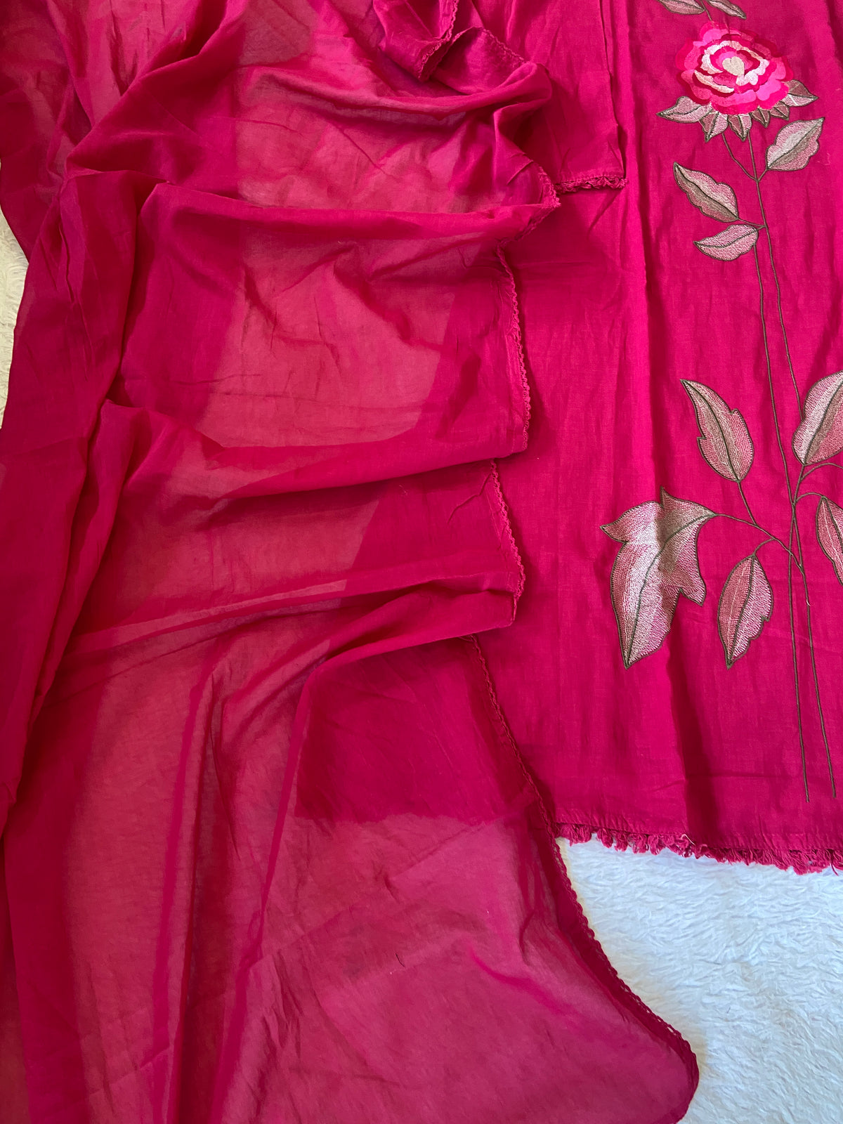 Flower Embroidery Work Cotton Aline Kurti, Pant And Dupatta. Cotton Suit Sets For Women Online India. Shop the Latest Festive Summer Collection at Shivani Designer Kurti.