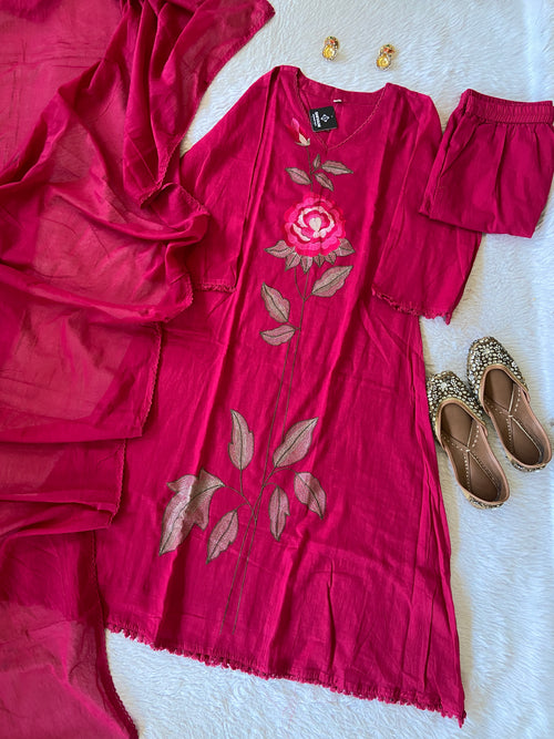 Flower Embroidery Work Cotton Aline Kurti, Pant And Dupatta. Cotton Suit Sets For Women Online India. Shop the Latest Festive Summer Collection at Shivani Designer Kurti.