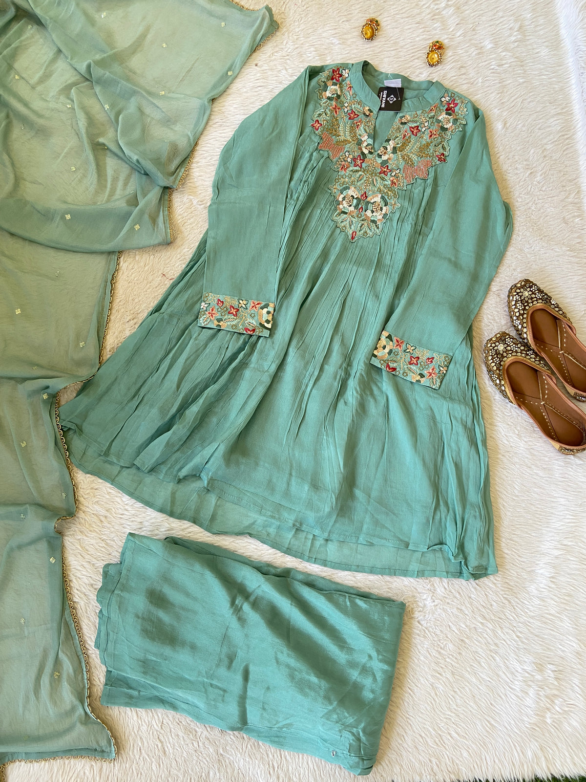 Premium Short Kurti Suit. Full Sleeve Chinnon Short Kurti With Full Flair Palazzo And Dupatta. Silk Suit Sets For Women Online India. Shop the Latest Festive Summer Collection at Shivani Designer Kurti.