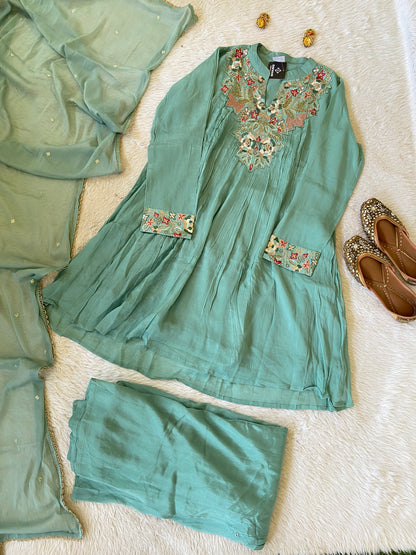 Premium Short Kurti Suit. Full Sleeve Chinnon Short Kurti With Full Flair Palazzo And Dupatta. Silk Suit Sets For Women Online India. Shop the Latest Festive Summer Collection at Shivani Designer Kurti.