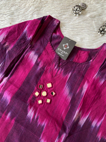 Ikkat Print Cotton Aline Kurti With Palazzo. Cotton Aline Kurti Sets For Women Online India. Shop the Latest Festive Summer Collection at Shivani Designer Kurti.