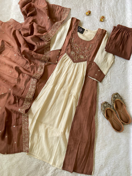 Handwork Aline Kurti With Palazzo And Dupatta. Silk Suit Sets For Women Online India. Shop the Latest Festive Summer Collection at Shivani Designer Kurti.