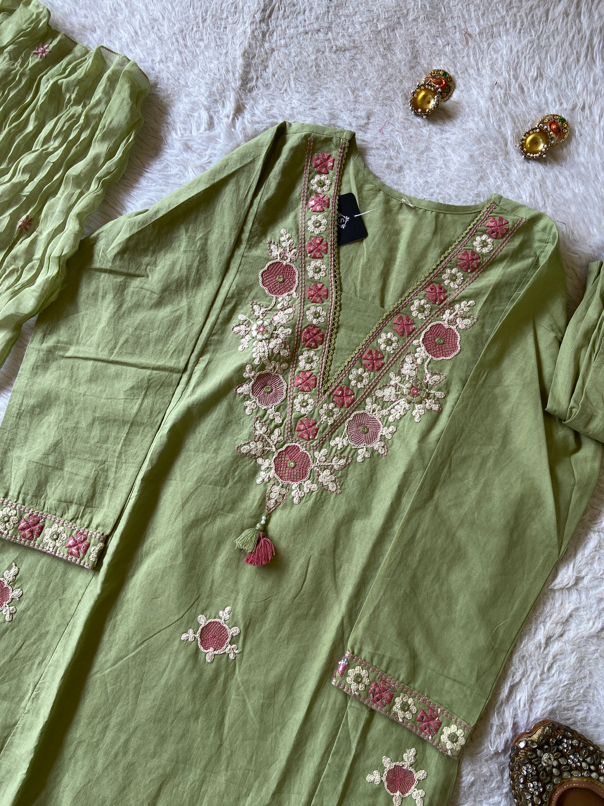 Embroidery Work Cotton Aline Kurti, Pant And Dupatta. Cotton Suit Sets For Women Online India. Shop the Latest Festive Summer Collection at Shivani Designer Kurti.