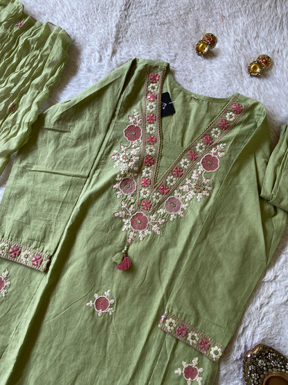 Embroidery Work Cotton Aline Kurti, Pant And Dupatta. Cotton Suit Sets For Women Online India. Shop the Latest Festive Summer Collection at Shivani Designer Kurti.