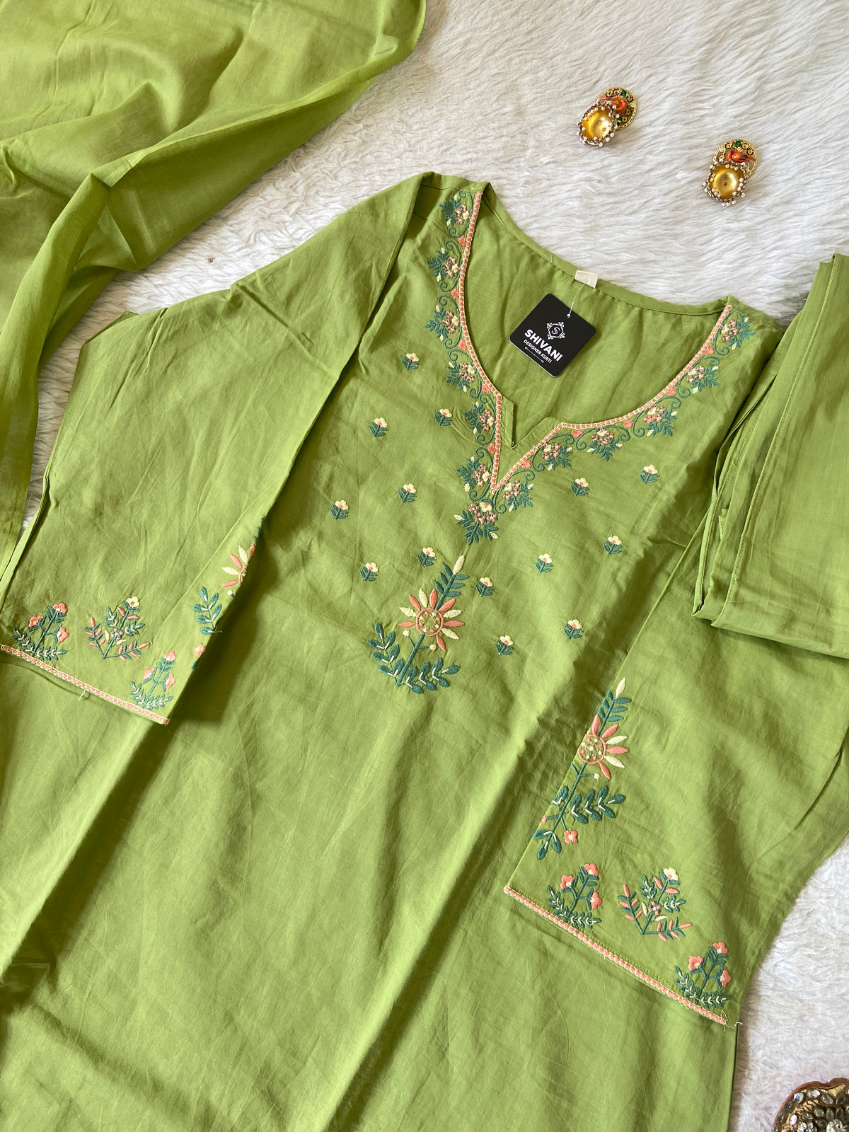 Embroidery Work Cotton Straight Cut Kurti With Pant And Dupatta. Cotton Suit Sets For Women Online India. Shop the Latest Festive Summer Collection at Shivani Designer Kurti.