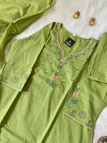Embroidery Work Cotton Straight Cut Kurti With Pant And Dupatta. Cotton Suit Sets For Women Online India. Shop the Latest Festive Summer Collection at Shivani Designer Kurti.