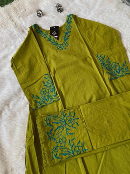 Aline Kurti With Embroidery Neck Work And Palazzo Work. Cotton Aline Kurti Sets For Women