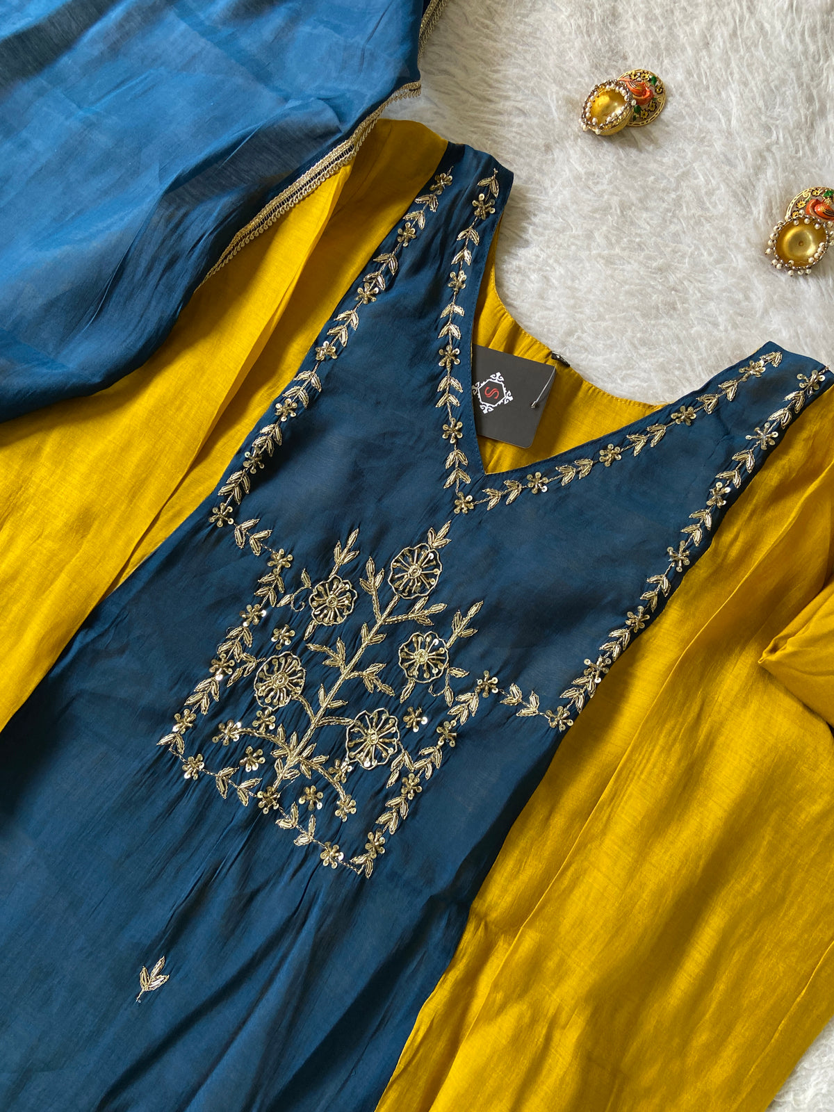 Hand Work Aline Kurti With Palazzo And Dupatta. Silk Suit Sets For Women Online India. Shop the Latest Festive Summer Collection at Shivani Designer Kurti.