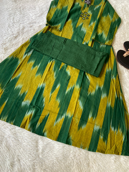 Ikkat Print Cotton Aline Kurti With Palazzo. Cotton Aline Kurti Sets For Women Online India. Shop the Latest Festive Summer Collection at Shivani Designer Kurti.