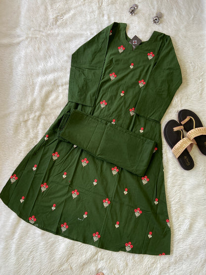 Flower Embroidery Work Aline Kurti With Plain Palazzo. Cotton Aline Kurti Sets For Women