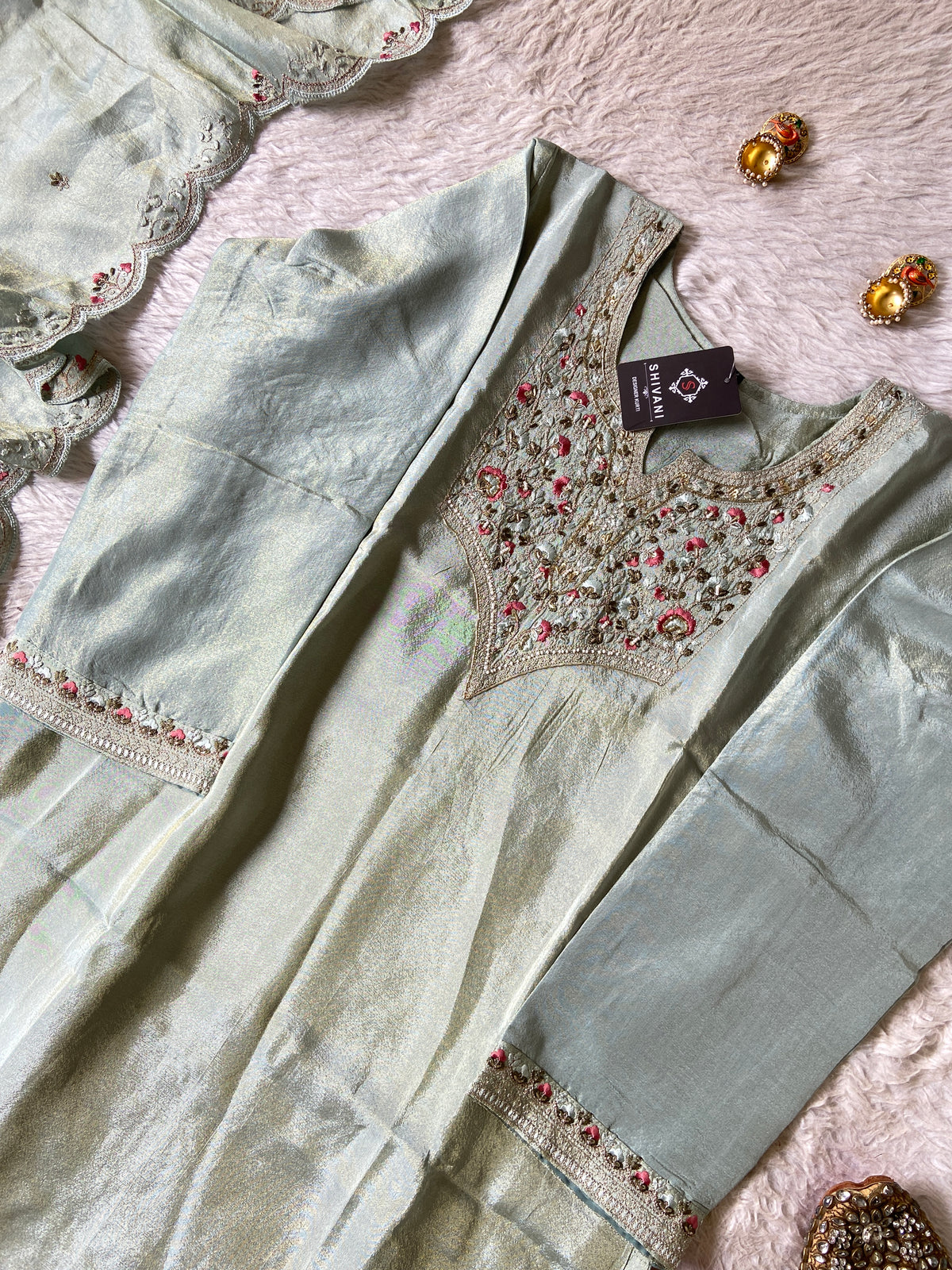 Premium Short Kurti Suit. Tissue Shimmer Short Kurti With Full Flair Palazzo And Dupatta. Silk Suit Sets For Women Online India. Shop the Latest Festive Summer Collection at Shivani Designer Kurti.