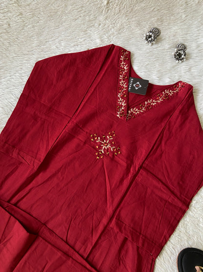 V-Neck Golden Work Cotton Aline Kurti And Palazzo. Cotton Aline Kurti Sets For Women Online India. Shop the Latest Festive Summer Collection at Shivani Designer Kurti. (Copy)